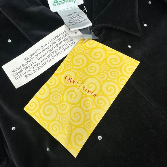 Vintage Quacker Factory Black Velvet Shirt Rhinestones Size Medium 1990s Zip Up - Picture 5 of 7